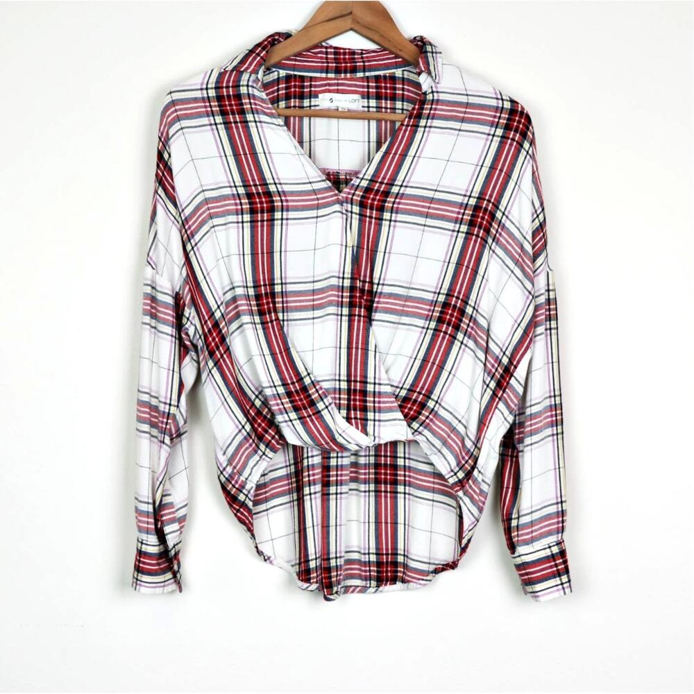 Lou and Grey Size XS V Neck Surplice Wrap Blouse Plaid White Red